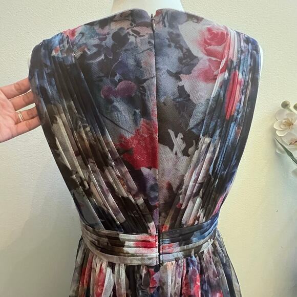 Adrianna Papell V-Neck Floral Printed Tulle Gown Party Dress Slit Women's Sz 10 - Picture 4 of 8